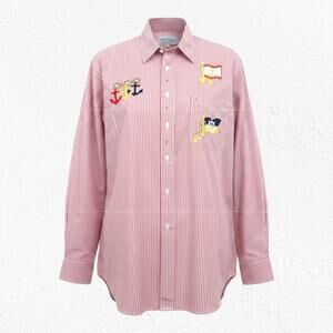 Y2K Las Olas Red Striped Nautical Embroidered Button Down Shirt Size Medium